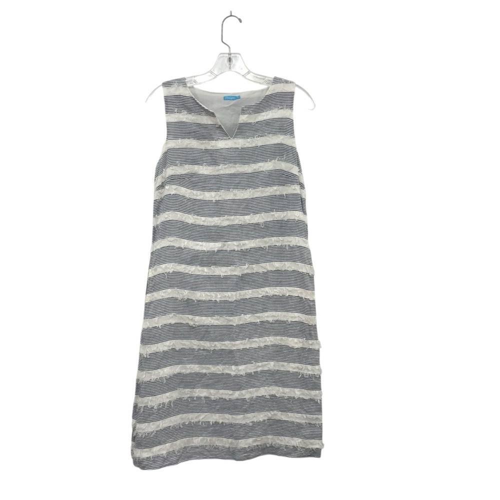 J. McLaughlin Stripped Linen White Blue Arroyo Sheath Dress Womens S Preppy